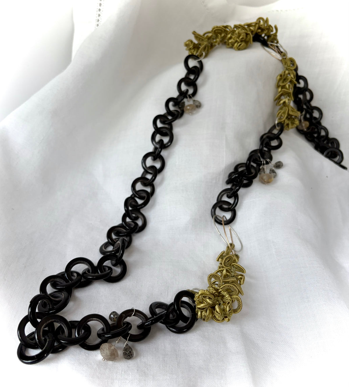 Antique French Silk Jasmine Tassel and Gemstone Necklace