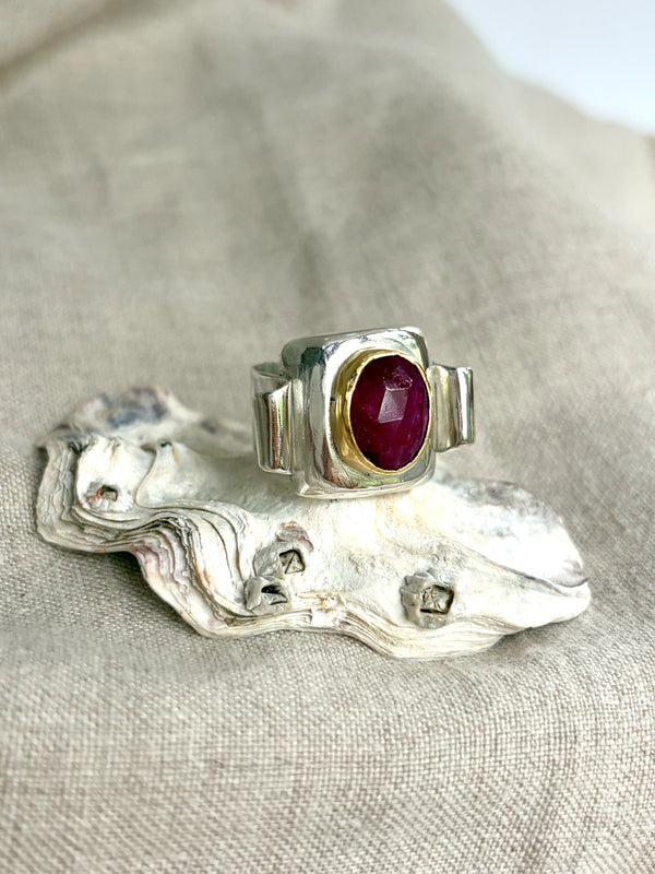 Rose Cut Ruby Scroll Ring