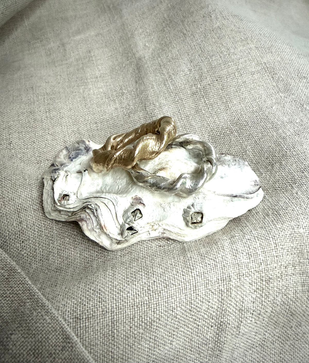 One gold twsited metal ring sits against another silver twisted ring, on top of a white oyster shell. There is a flax-colored fabric in the background. 